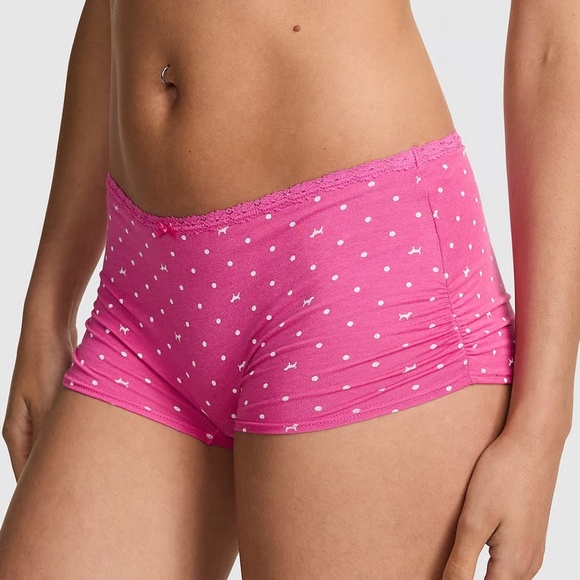 Victoria's Secret PINK Cotton Dorm Boyshort Panty Pink Dot Dog Print M NEW - Picture 2 of 6
